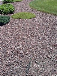Gravel walkway path through manicured grass installed by Elegant Landscaping